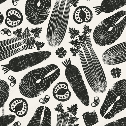 Various food. Textured silhouette seamless pattern. Groceries background. Salmon with carrot and celery with tomato. Vector illustration