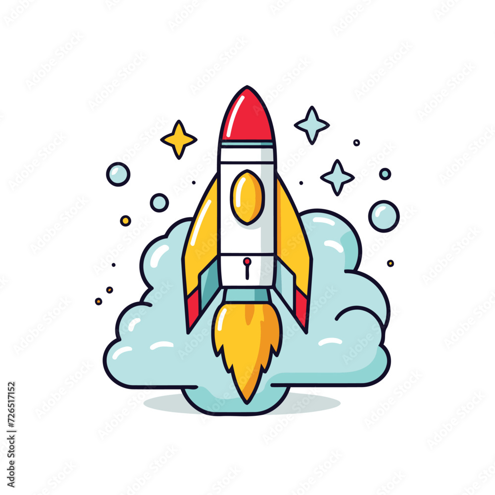 Rocket with cloud and stars. Flat design vector illustration on white background.