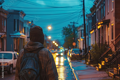 Solitary Figure Walking Down a Rainy Twilight City Street