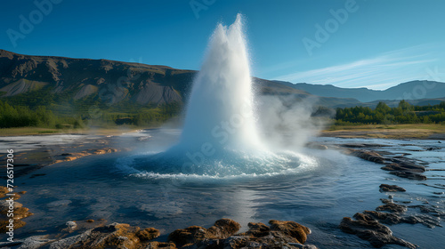 A photo of the Great Geysir  with surrounding lush landscapes as the background  during a clear summer day