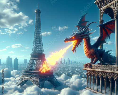 3D fantasy dragon on the Eiffel Tower view. Mythology creature.