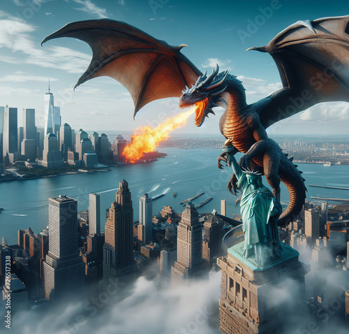 3D fantasy dragon on the Statue of Liberty view. Mythology creature.