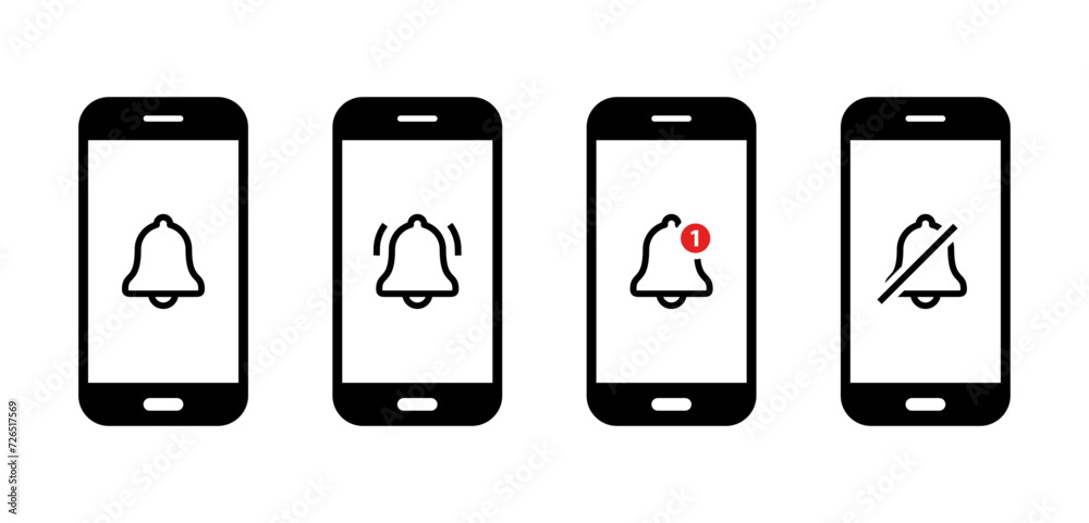 Smartphone with notification bell icon set Smartphone with notification bell icon set