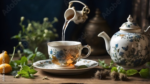 A serene scene with a teapot pouring herbal tea into a vintage cup