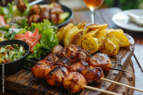Grilled Chicken Skewers with Roasted Potatoes and Fresh Salad - Ideal for Food Blogs and Menu Design
