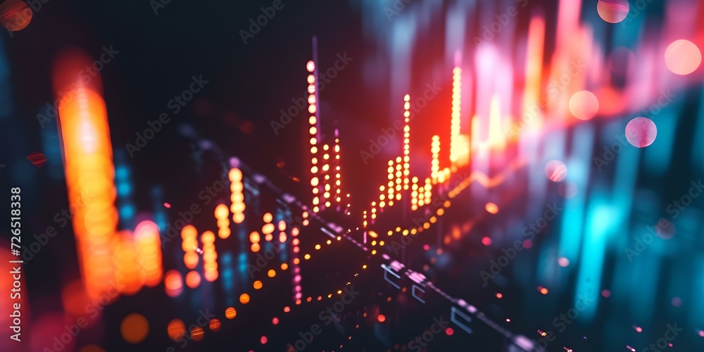 Abstract digital landscape with vibrant light peaks. futuristic data analysis concept, cyber technology style, visual representation of sound waves. AI