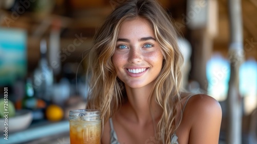 smiling young woman with glass of drink standing on terrace of wooden cottage 