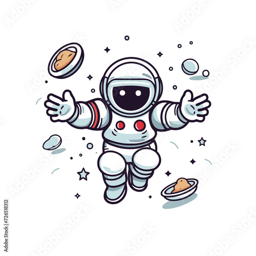 Astronaut waving hand. Vector illustration. Cute cartoon character.