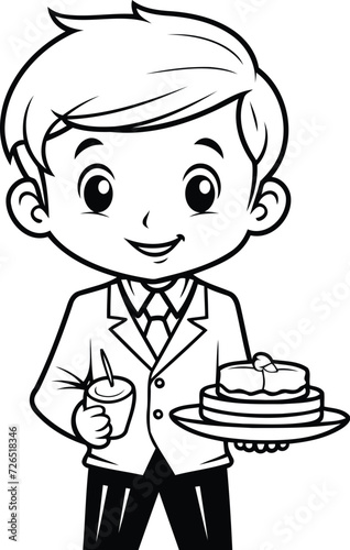 Cute Boy with Cake - Black and White Cartoon Illustration. Vector
