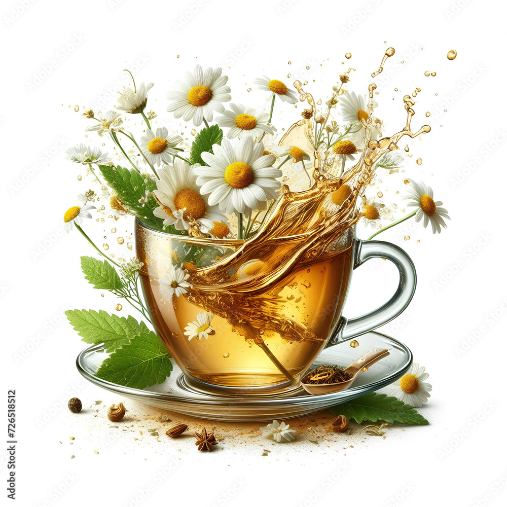 tea transparent cup with chamomile tea splash isolated on white background