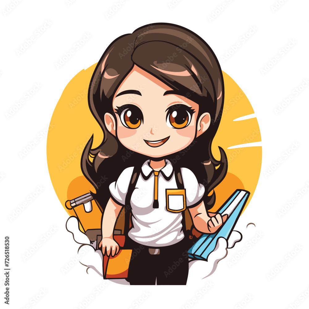 Cute little girl in apron cleaning the house with broom. Vector illustration.