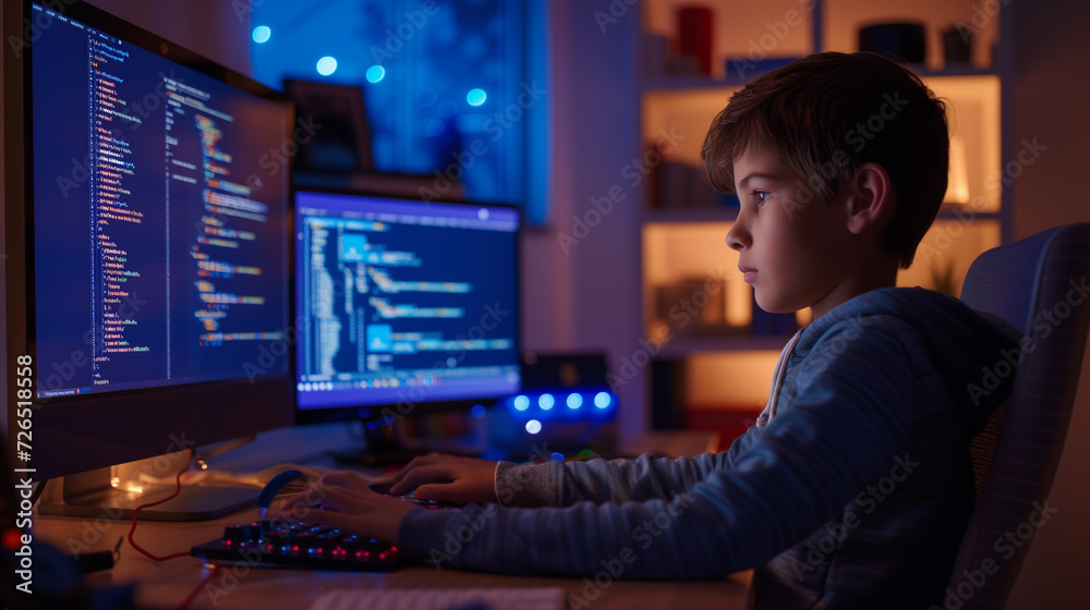 A boy is immersed in programming, creating and implementing software with coding. It fosters problem-solving skills and logical reasoning, contributing to tech proficiency A boy is immersed in programming, creating and implementing software with coding. It fosters problem-solving skills and logical reasoning, contributing to tech proficiency
