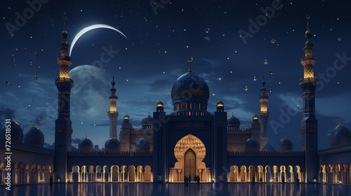 background of the mosque under the night sky with stars and crescent photo