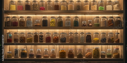 Assorted spices in glass jars on shelves, perfectly organized. modern kitchen interior. clean, simple design. aesthetic home decor. AI