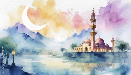 Watercolor illustration of Ramadan Kareem with mosque and crescent moon