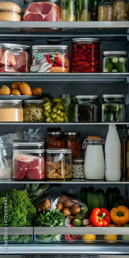 Fully stocked refrigerator with fresh produce and organized shelves. ideal for healthy lifestyle promotions. perfect for nutrition guides. AI