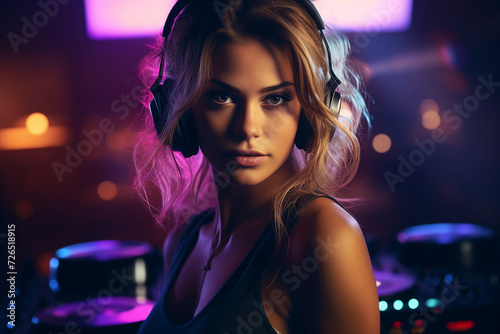 Dj person girl guy on stage turning on best music beat headphones turntable equipment Generative AI photo