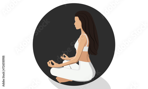 Young woman meditating in Lotus position. Black hair. Faceless style. Vector illustration.