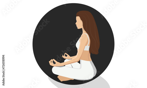 Young woman meditating in Lotus position with brown-haired in Faceless style. Vector illustration.