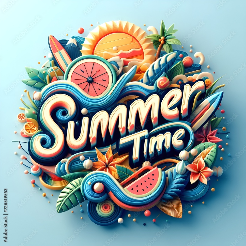 Summer Holiday Illustration with Flower and Tropical Palm Leaves on Ocean Blue Background. Toucan Bird, Ice Cream, Beach Ball and Surf Board on Paradise Island for Banner, Flyer, Invitation 