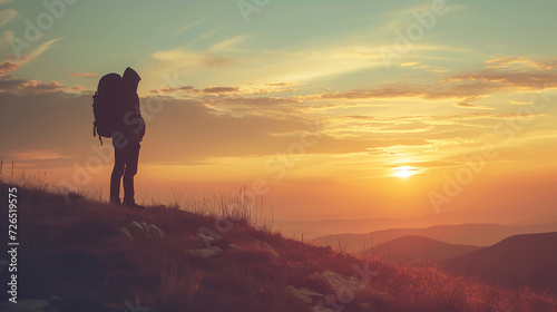 Silhouette of a lone traveler on a hill at sunset
