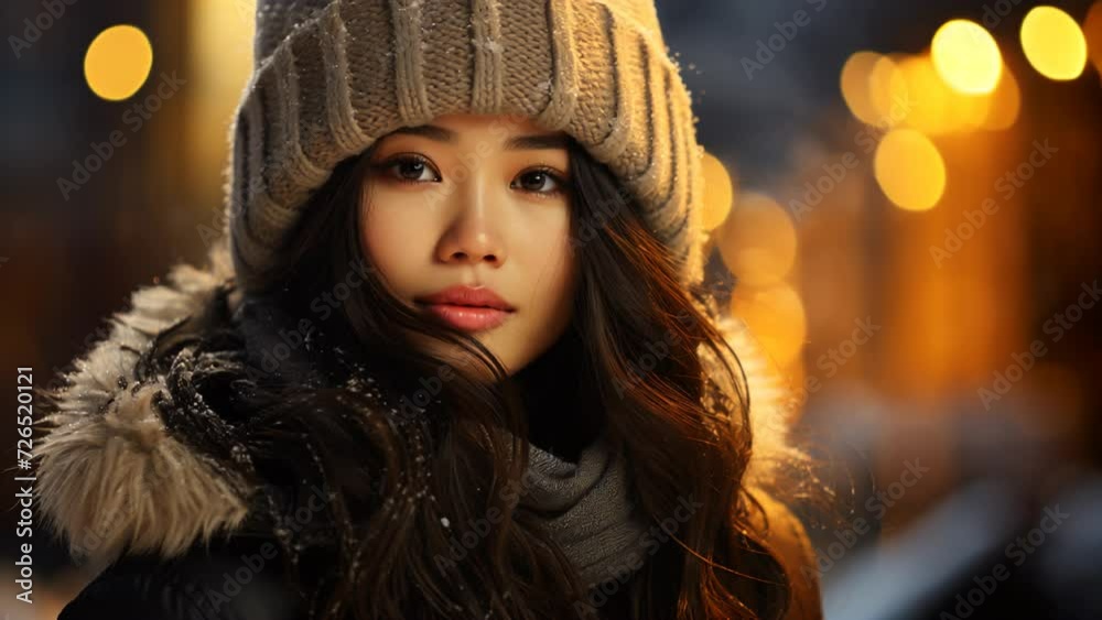 Asian Woman Bundled up for the Cold Amidst Falling Snowflakes in Winter Wonderland Asian Woman Bundled up for the Cold Amidst Falling Snowflakes in Winter Wonderland