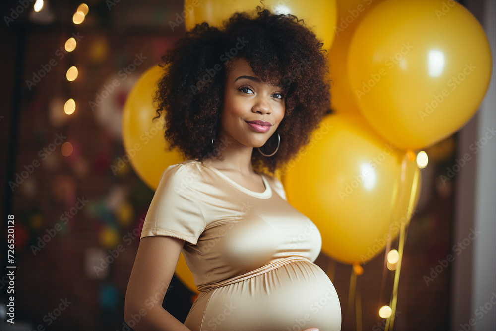 Generative ai photo image of charming happy lovely pregnant girl on gender party pregnancy beautiful period - obrazy, fototapety, plakaty 