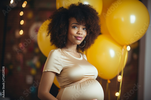 Generative ai photo image of charming happy lovely pregnant girl on gender party pregnancy beautiful period