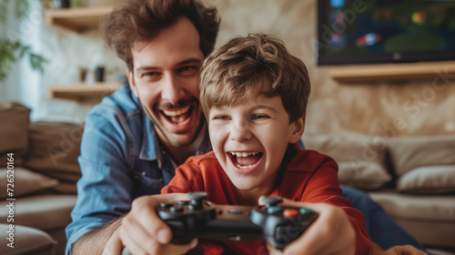 expressive laughing boy and his father with a joystick in his hands plays a computer game photo