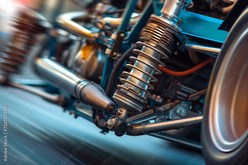 closeup of a race car suspension system in motion - obrazy, fototapety, plakaty 