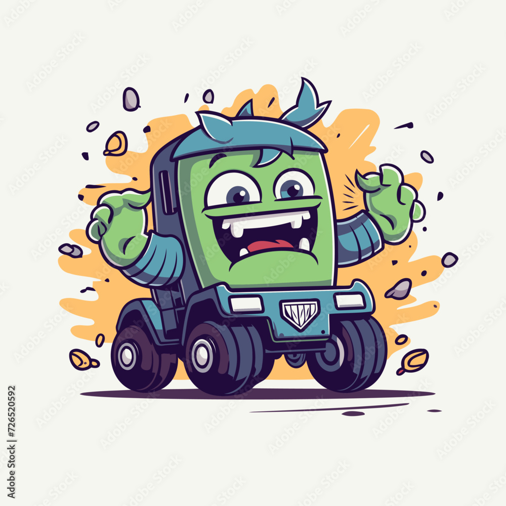 Funny green monster truck. Vector illustration. Cartoon character design.