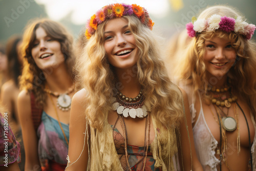 Funny happy hippie best friends on festival concert retro party event nature Generative AI