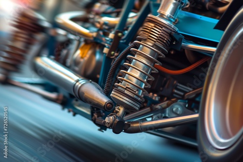 closeup of a race car suspension system in motion © primopiano