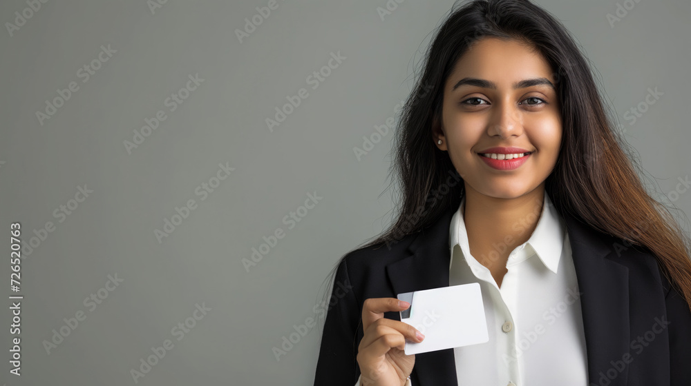 Confident Indian Businesswoman Displaying Smart Card for Travel Confident Indian Businesswoman Displaying Smart Card for Travel