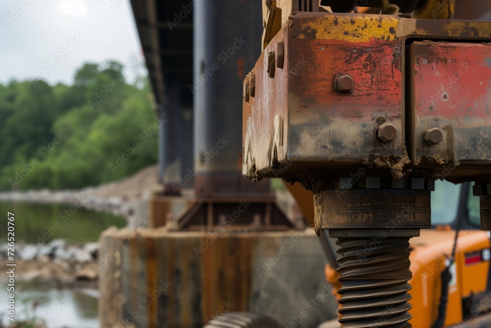 closeup of pile driver at work on new bridge abutments