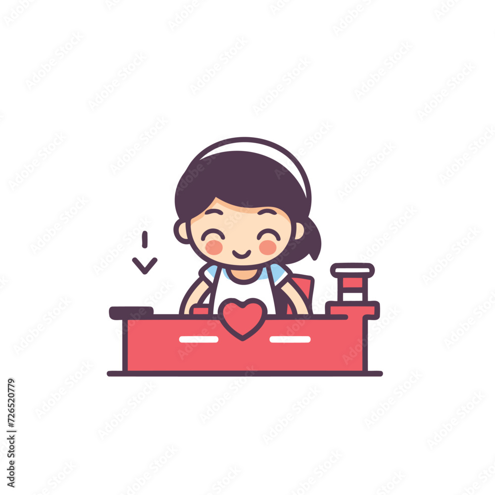 Cute little girl holding red heart on reception desk. Vector illustration