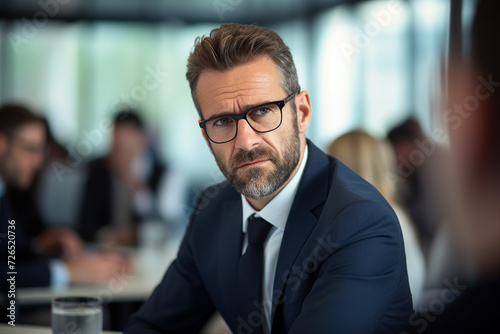 Generative AI picture of handsome successful man working in office on business meeting conference