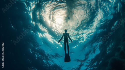 Silhouette of a freediver in a mask and fins swimming in the ocean. The bottom view emphasizes their exploration of the marine world