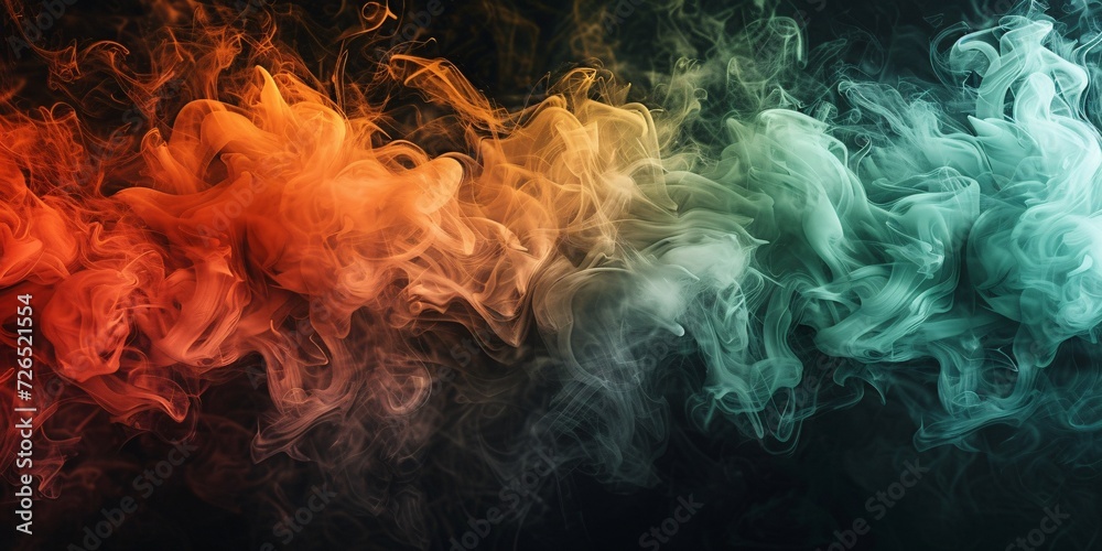 Vibrant multicolored smoke on dark backdrop with ink patterns in shades of red, green and brown.