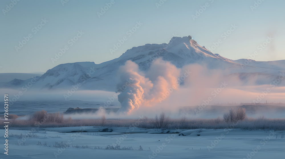 A photo of erupting hot springs, with steam rising against a mountainous backdrop, during a chilly winter afternoon