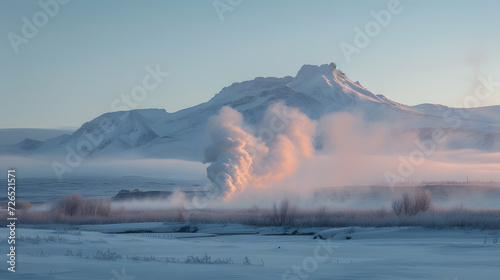 A photo of erupting hot springs, with steam rising against a mountainous backdrop, during a chilly winter afternoon