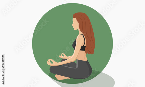 Silhouette of a woman meditating in the lotus position with redhead. Yoga character in Faceless style. Vector illustration.