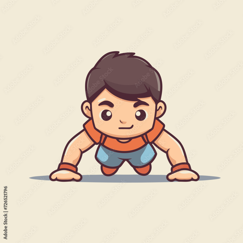 cute little boy doing push-ups. cartoon vector illustration.