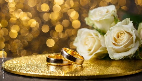 anéis de ouro sobre base glitter de ouro e rosas brancas no fundo, bokeh photo