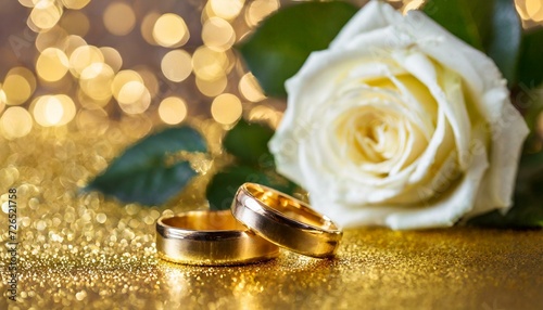 close up anéis de ouro sobre base dourada e rosa branca ao fundo, bokeh photo