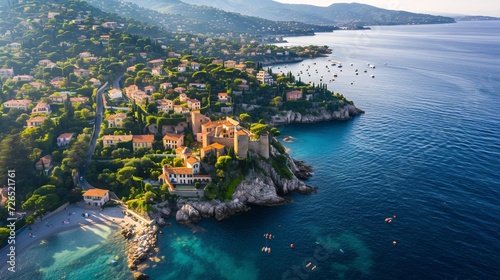 Bird's-eye view of the Mediterranean shoreline in Southern France, featuring a historic village.