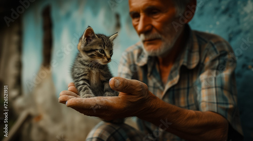 Old man holding a kitten