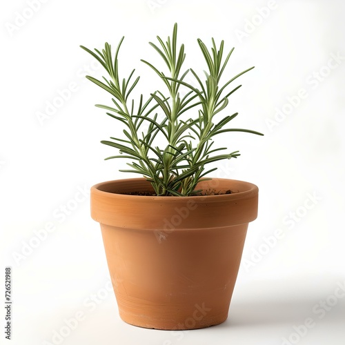 Healthy green rosemary herb growing in a brown terracotta pot. perfect for gardening and culinary use. isolated on white background. AI