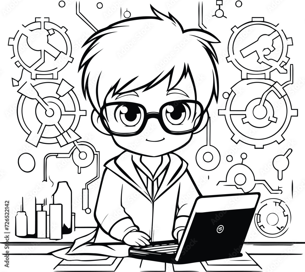 Black and white vector illustration of a boy in glasses working on a laptop