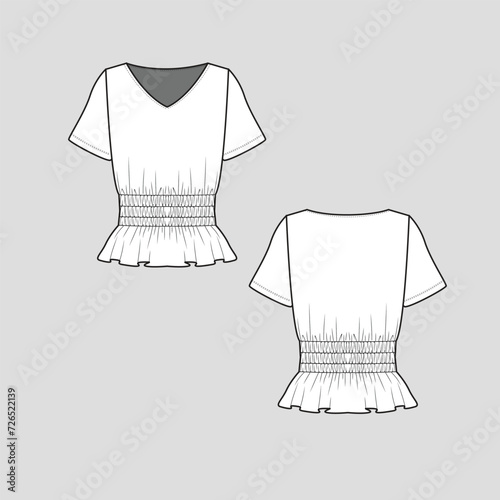 Smocking ruched shirred  top v neck waist smocked gathering ruffles hem Short sleeve fashion t shirt top blouse flat sketch technical drawing template design vector